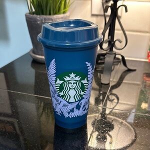Starbucks Teal Tumbler with purple Leaf Pattern
